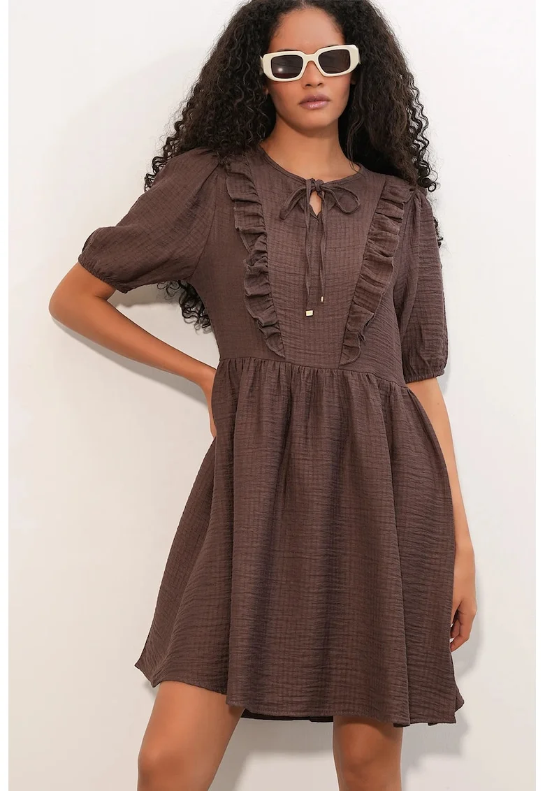 Rochie mini,  volane, maro cafea, viscoza-nailon