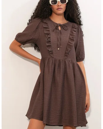 Rochie mini,  volane, maro cafea, viscoza-nailon
