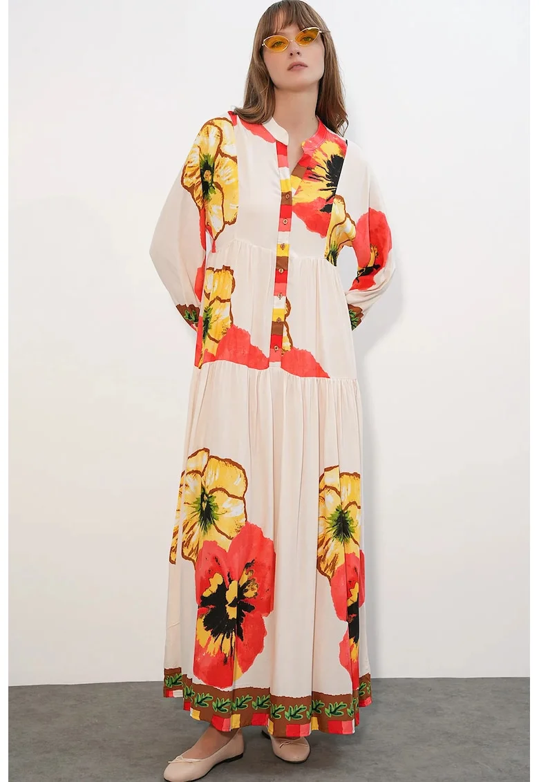 Rochie Maxi,  Etnic, Decolteu in V, Maneci lungi, Multicolor, Viscoza