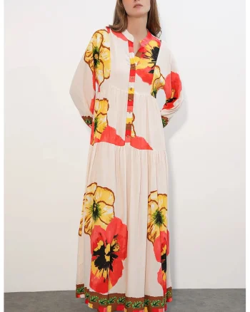 Rochie Maxi,  Etnic, Decolteu in V, Maneci lungi, Multicolor, Viscoza