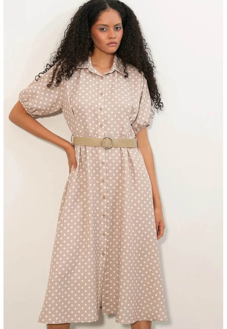 Rochie camasa midi  buline, bej natural, casual, cu curea, poliester-elastan