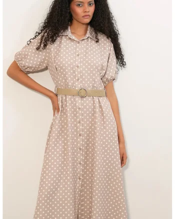Rochie camasa midi  buline, bej natural, casual, cu curea, poliester-elastan