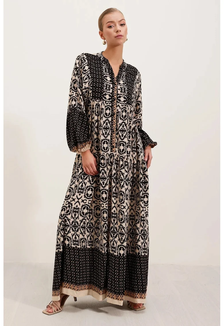 Rochie maxi  lejera, neagra, viscoza, maneca lunga
