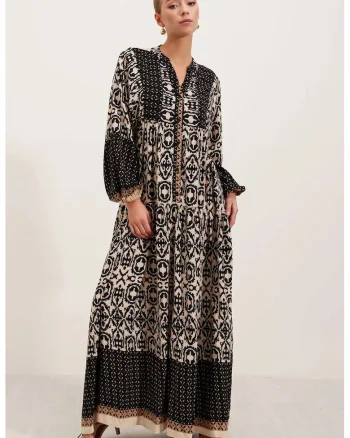Rochie maxi  lejera, neagra, viscoza, maneca lunga