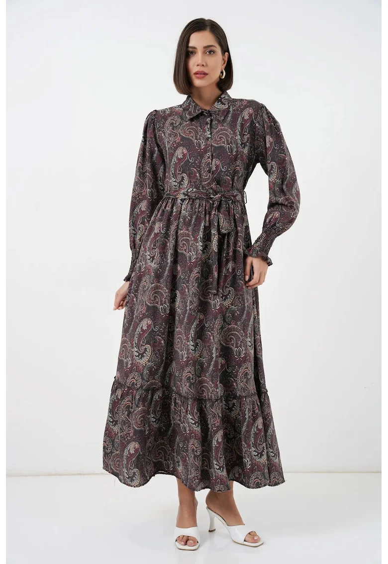Rochie camasa midi  multicolor, cu imprimeu paisley, maneca lunga, cu curea, 80% viscoza, 20% nailon