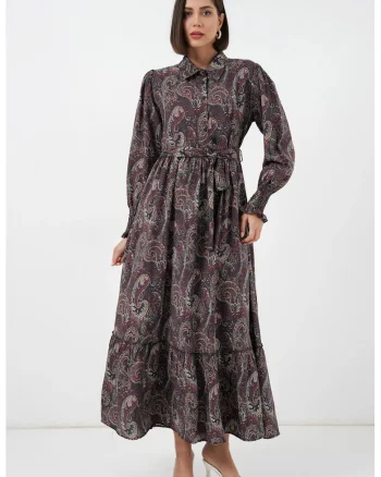 Rochie camasa midi  multicolor, cu imprimeu paisley, maneca lunga, cu curea, 80% viscoza, 20% nailon