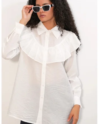 Camasa lunga  detalii cu volane, alb, viscoza si nailon, stil casual