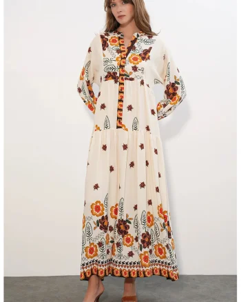 Rochie Maxi,  Etnic, Maneca lunga, Multicolor, 100% viscoza