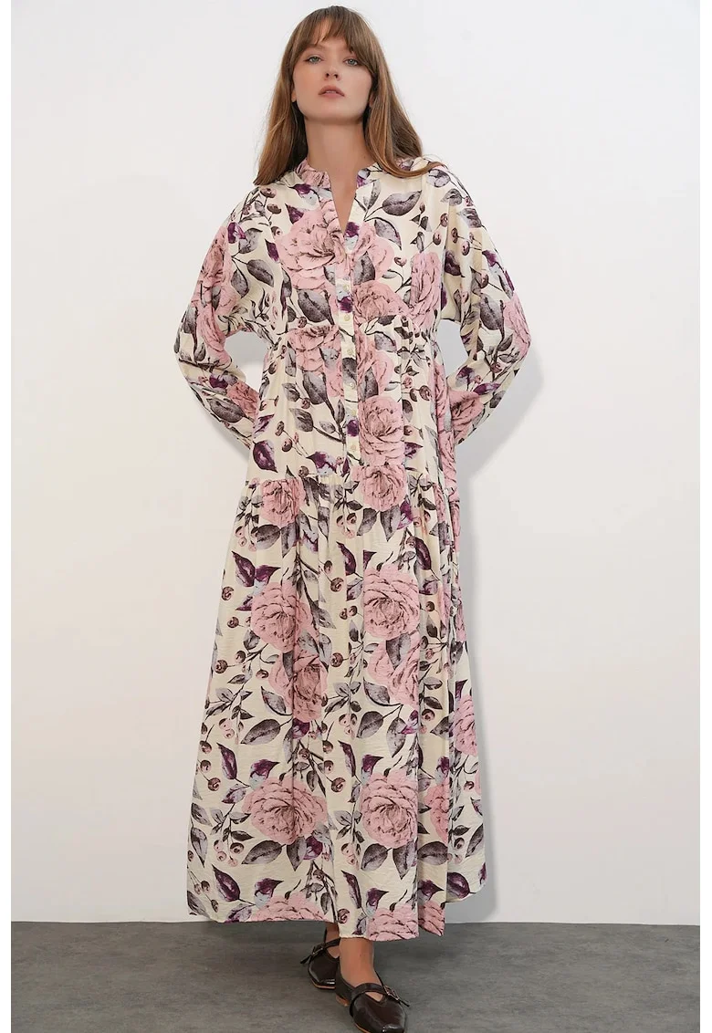Rochie Maxi  Floral, Multicolor, Maneca lunga, Lejer