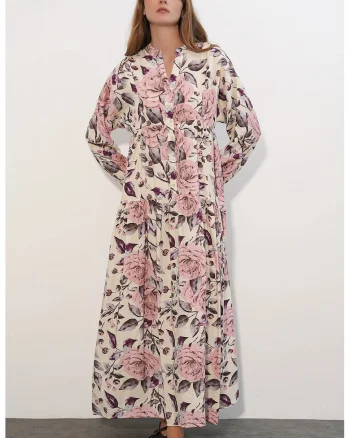 Rochie Maxi  Floral, Multicolor, Maneca lunga, Lejer