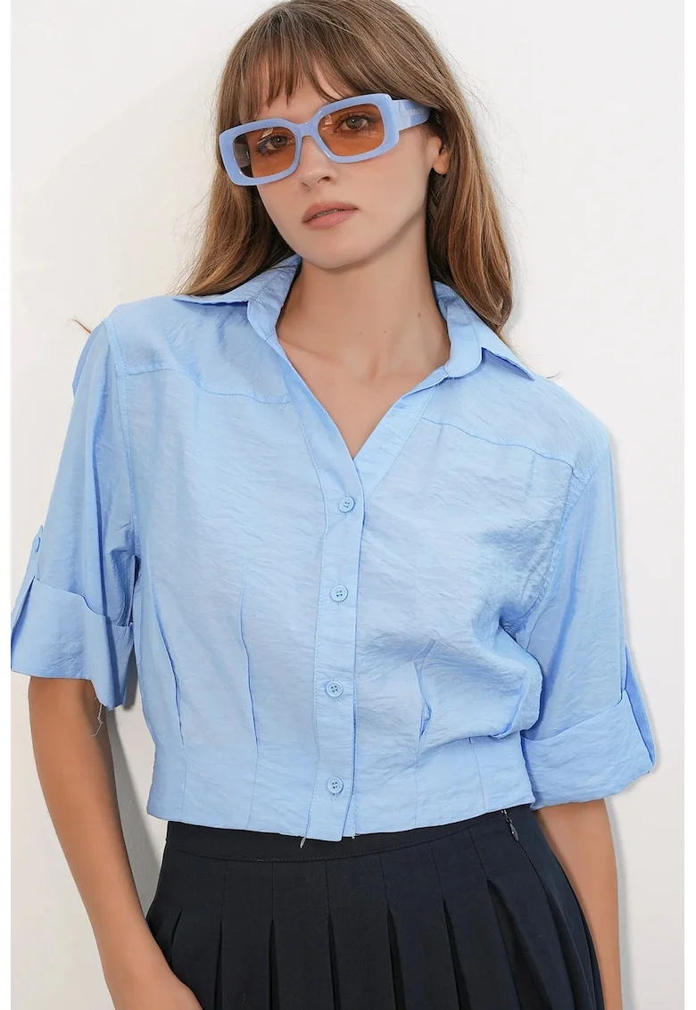 Camasa crop  supradimensionata, maneci scurte, albastru, amestec de viscoza si nylon