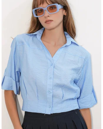 Camasa crop  supradimensionata, maneci scurte, albastru, amestec de viscoza si nylon