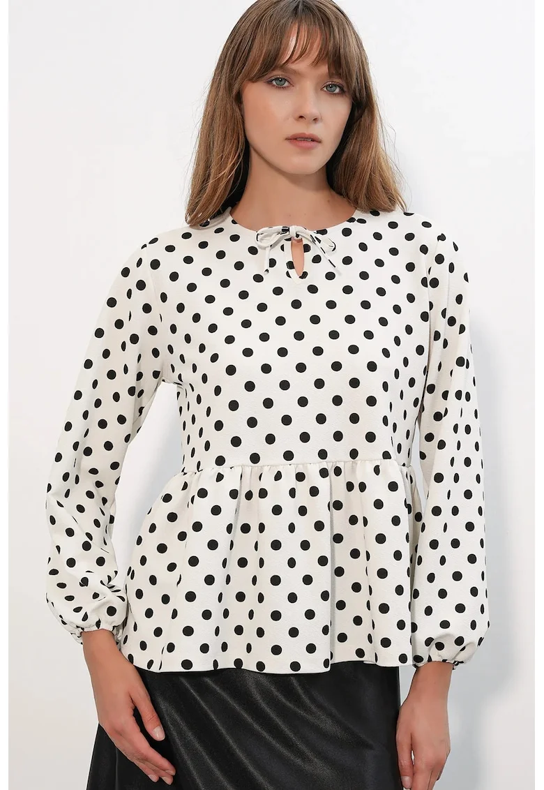 Bluza dama,  Bluza din crep cu buline, detalii cu snur, Alb Prafuit, poliester-elastan