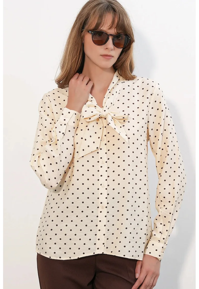 Camasa dama,  regular fit, buline, crem natural, poplin