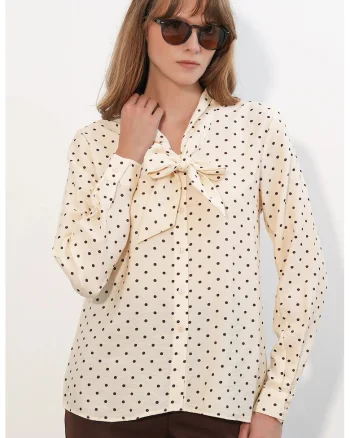 Camasa dama,  regular fit, buline, crem natural, poplin