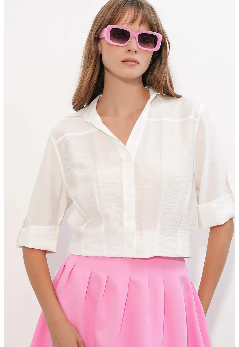 Camasa crop  supradimensionata, alb, amestec de viscoza si nailon, maneci scurte