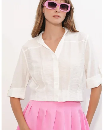 Camasa crop  supradimensionata, alb, amestec de viscoza si nailon, maneci scurte
