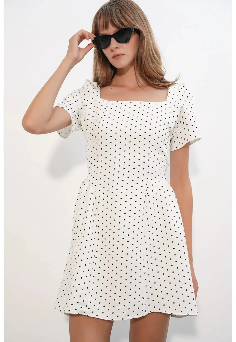 Rochie Mini  Casual, Alb Prafuit, Buline, Maneca scurta, Fara inchidere, Elastic