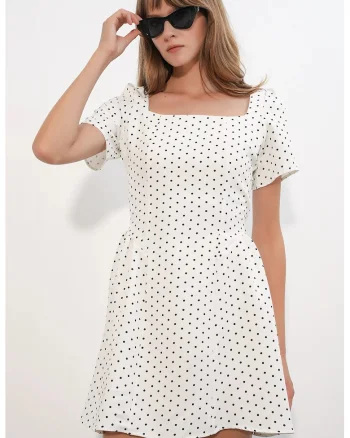 Rochie Mini  Casual, Alb Prafuit, Buline, Maneca scurta, Fara inchidere, Elastic