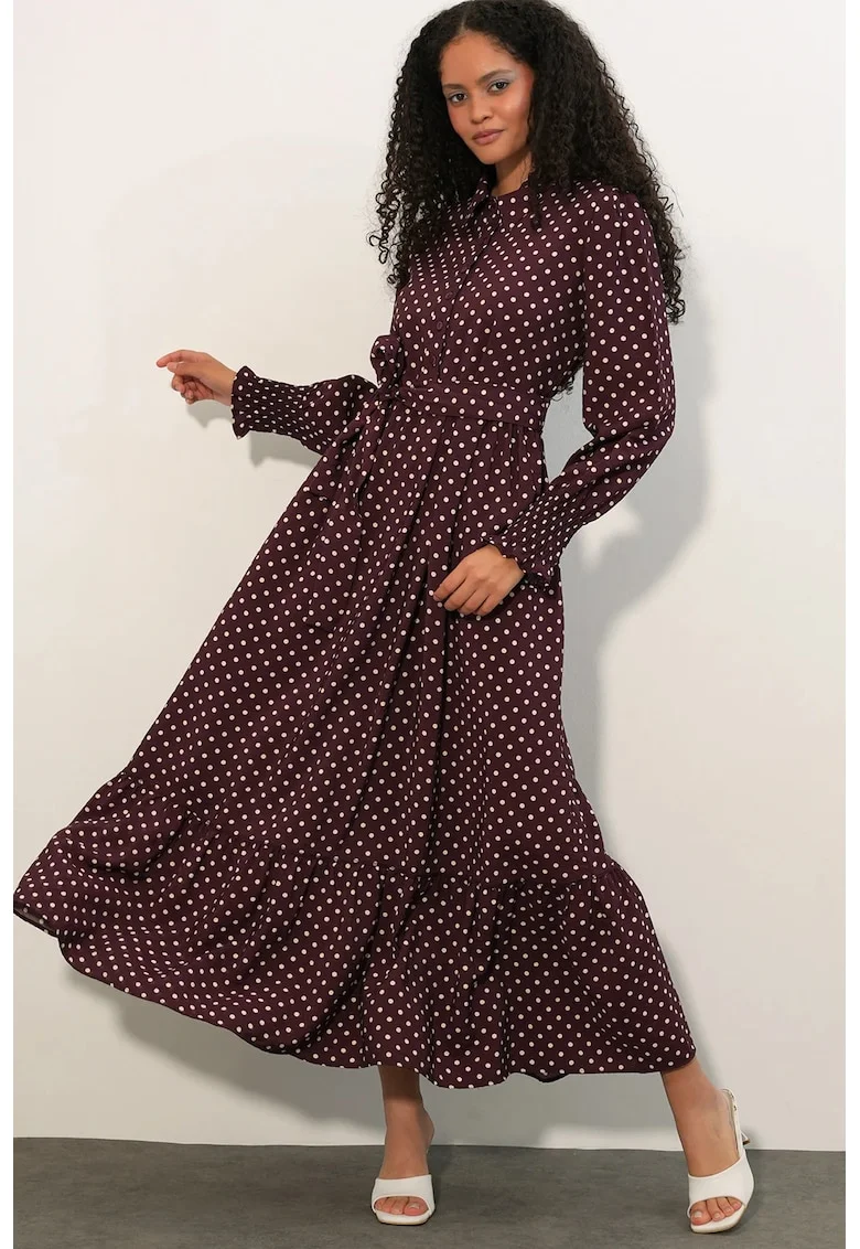Rochie camasa midi  paisley, mov, viscoza si nailon, cu cordon, maneci lungi