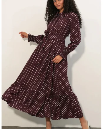 Rochie camasa midi  paisley, mov, viscoza si nailon, cu cordon, maneci lungi