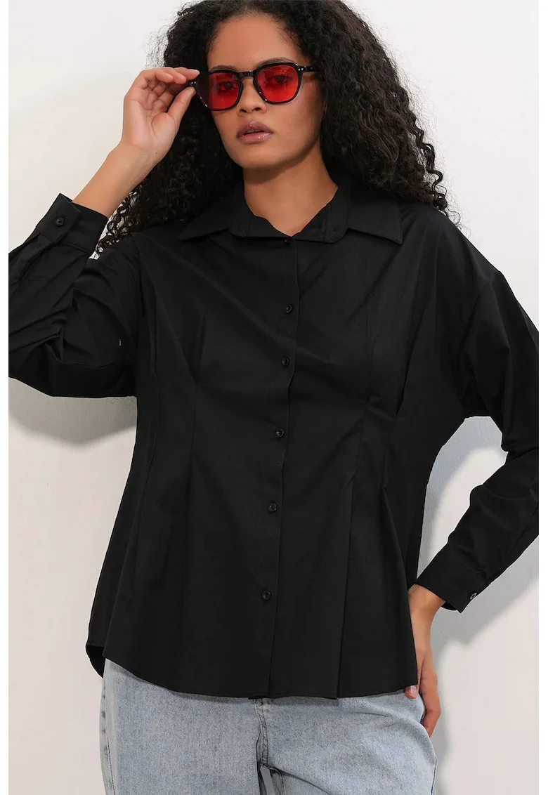 Camasa  cambrata cu nasturi, neagra, din poplin, bumbac, poliester, elastan