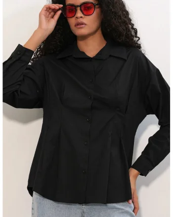 Camasa  cambrata cu nasturi, neagra, din poplin, bumbac, poliester, elastan