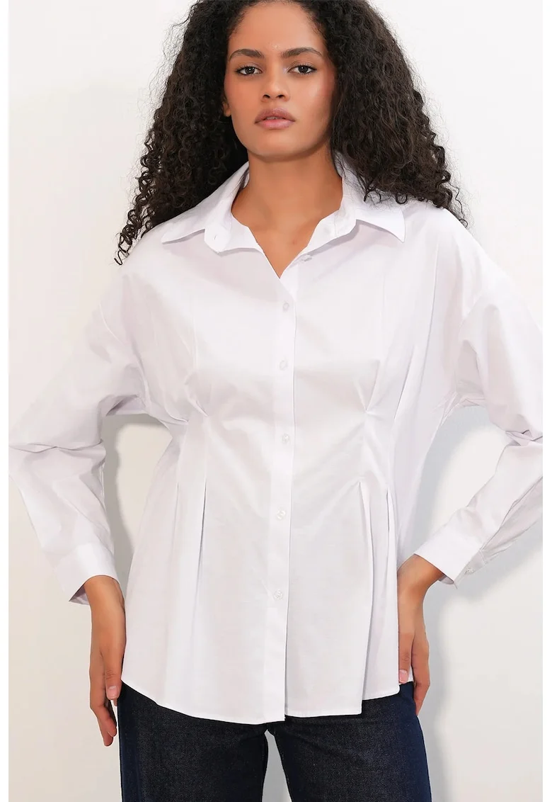 Camasa  cambrata, alba, poplin, maneci lungi, guler clasic, bumbac/poliester/elastan