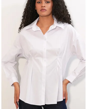 Camasa  cambrata, alba, poplin, maneci lungi, guler clasic, bumbac/poliester/elastan
