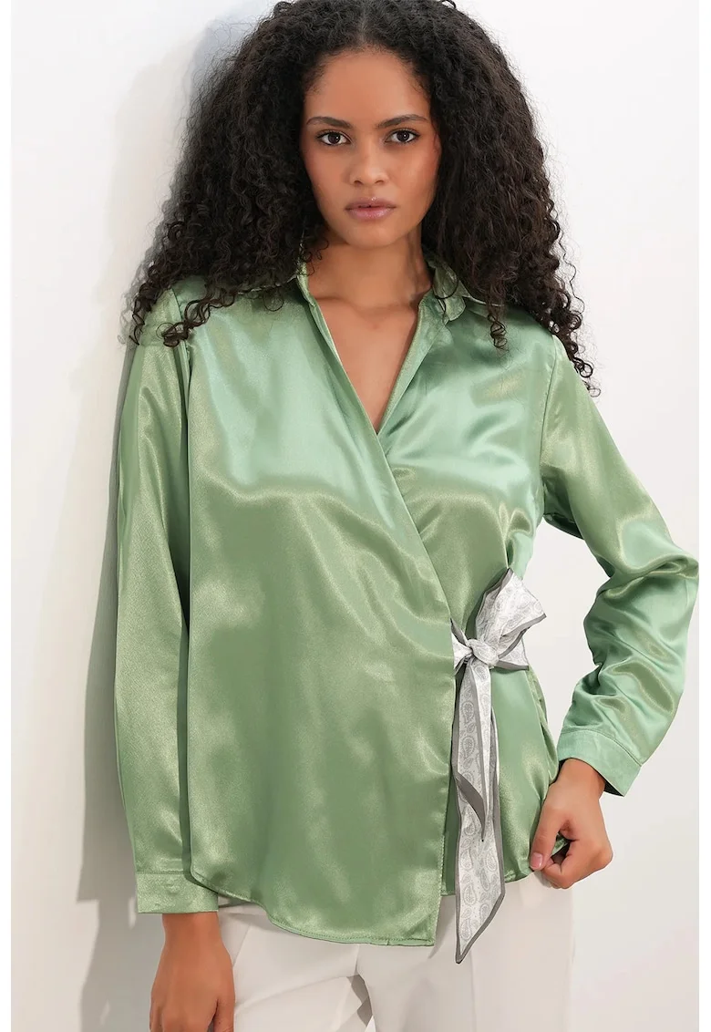 Camasa,  regular fit, detalii cu snur, verde salvie, poliester