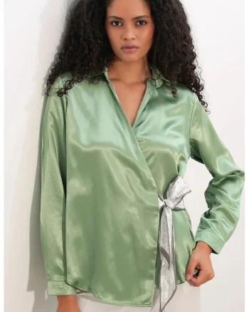Camasa,  regular fit, detalii cu snur, verde salvie, poliester