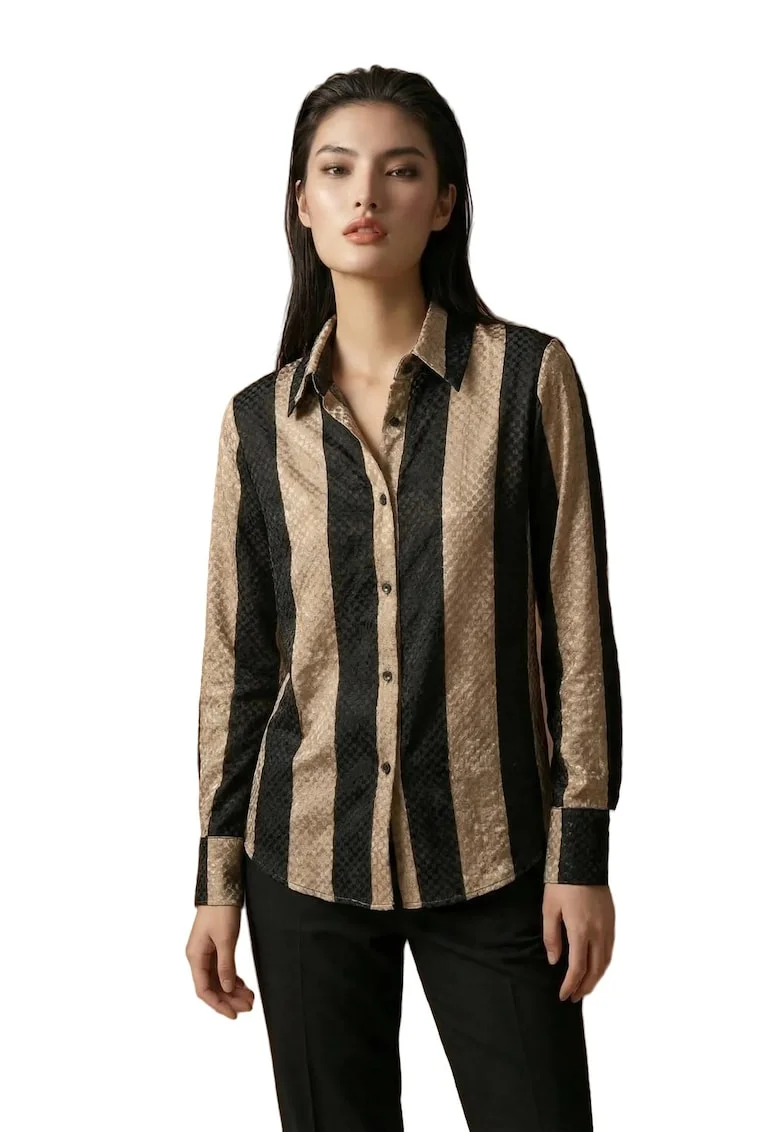 Camasa casual,  regular fit, dungi, negru/bej, bumbac/poliester