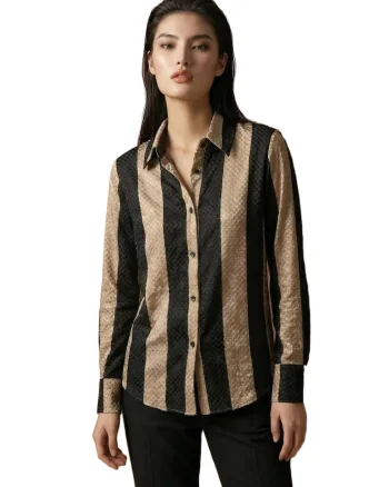 Camasa casual,  regular fit, dungi, negru/bej, bumbac/poliester
