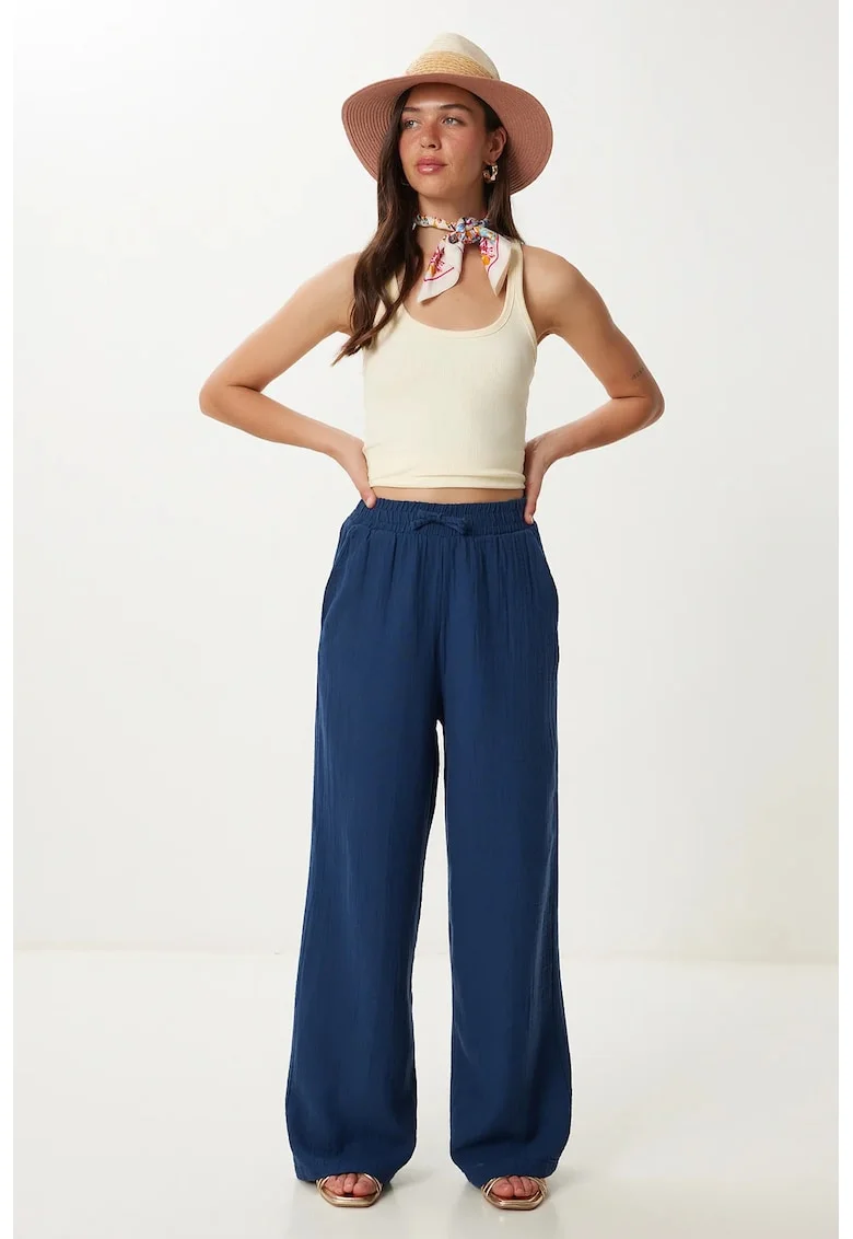 Pantaloni dama, Happiness Istanbul, picior larg, talie cu snur, albastru marin, 100% bumbac
