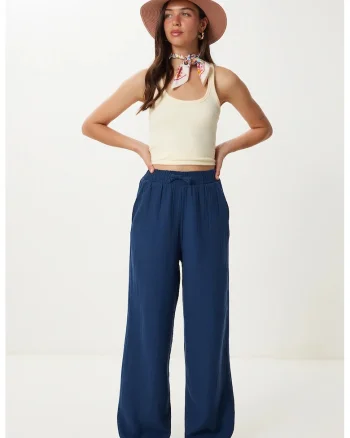 Pantaloni dama, Happiness Istanbul, picior larg, talie cu snur, albastru marin, 100% bumbac