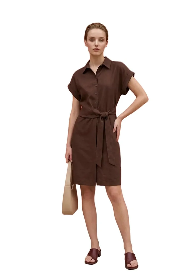 Rochie Camasa Mini,  Casual, Guler, Maro Cafea, 100% Bumbac