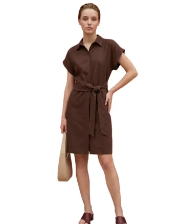 Rochie Camasa Mini,  Casual, Guler, Maro Cafea, 100% Bumbac