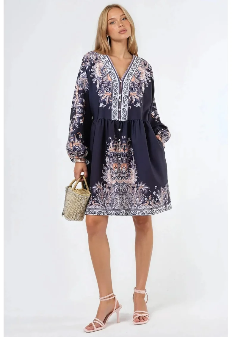 Rochie Mini,  cu imprimeu Paisley, neagra, maneca lunga, decolteu in V, cu curea