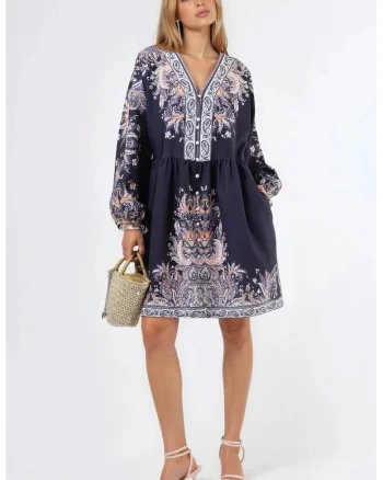 Rochie Mini,  cu imprimeu Paisley, neagra, maneca lunga, decolteu in V, cu curea