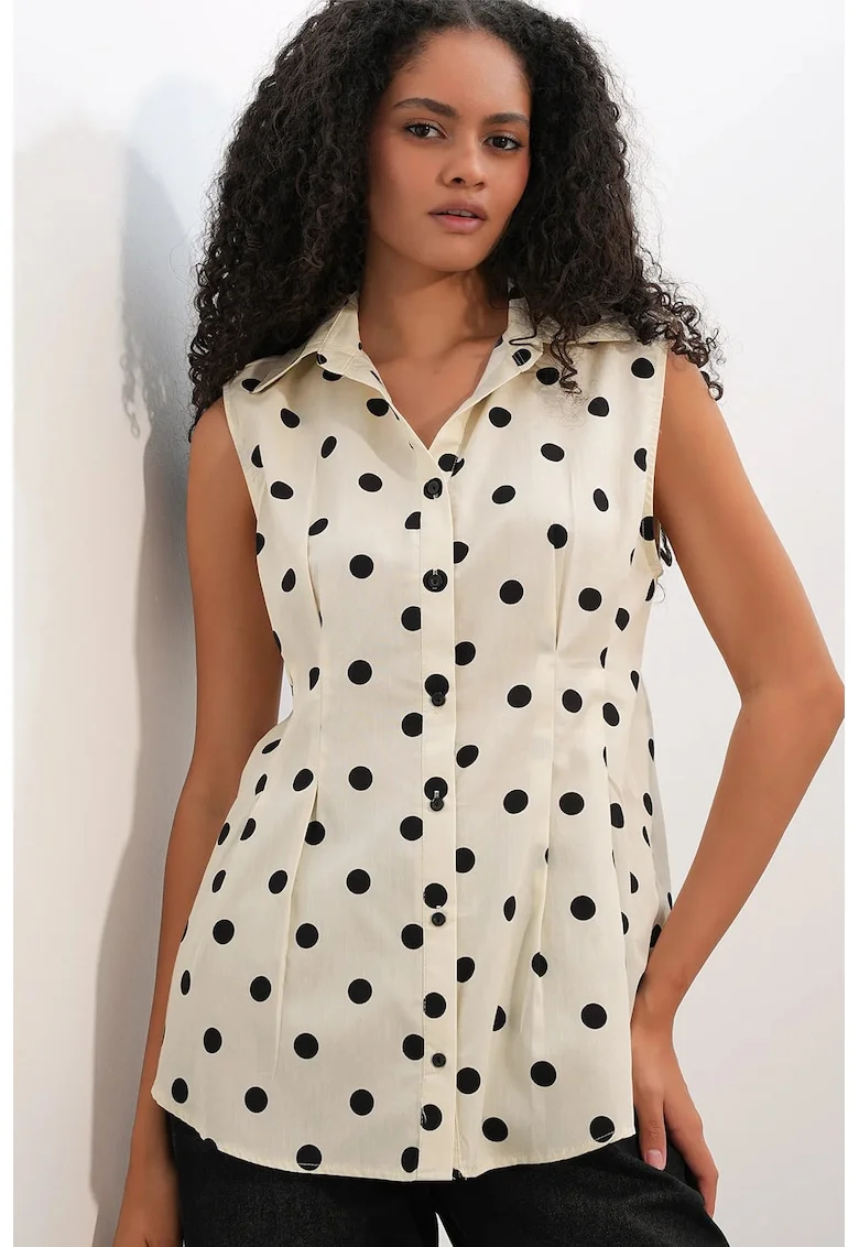 Camasa  fara maneci, croiala cambrata, buline, alb-negru, bumbac/poliester/elastan,