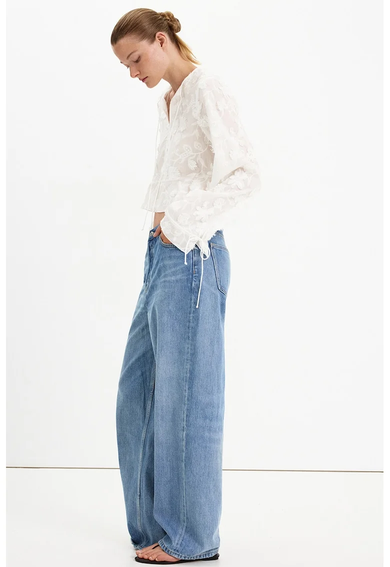 Bluza din bumbac cu decolteu in V, Alb