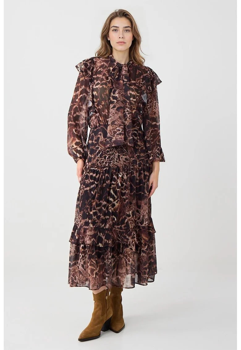 Rochie lunga cu animal print, Maro inchis