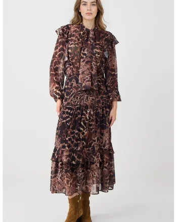Rochie lunga cu animal print, Maro inchis