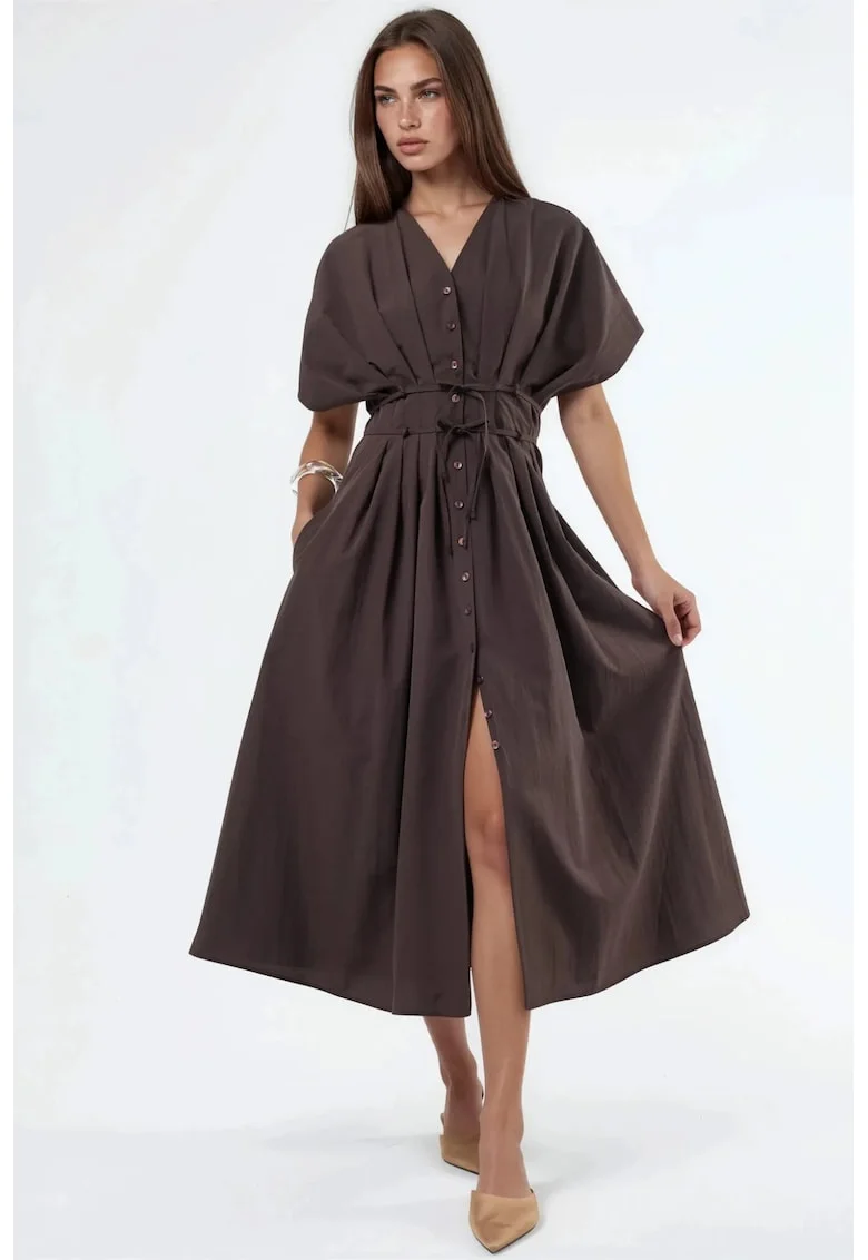 Rochie camasa midi  casual, decolteu in V, maro cafea, bumbac si poliester