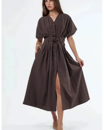 Rochie camasa midi  casual, decolteu in V, maro cafea, bumbac si poliester