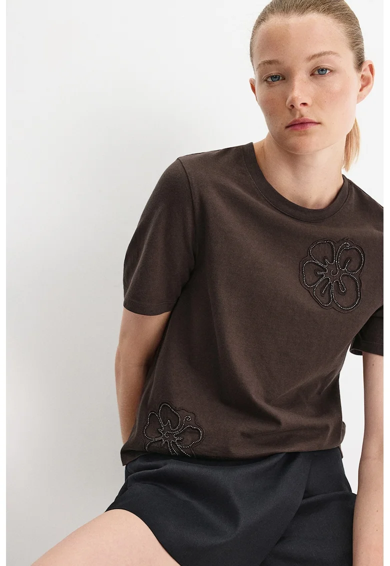 Tricou din bumbac cu broderie florala, Maro inchis