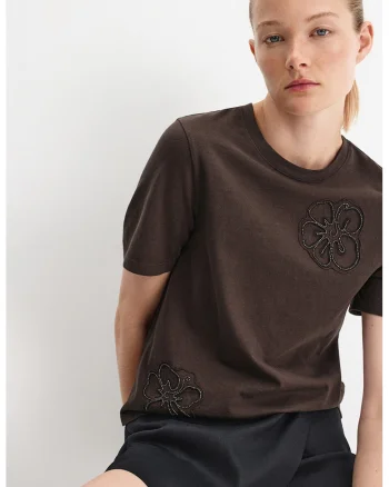 Tricou din bumbac cu broderie florala, Maro inchis