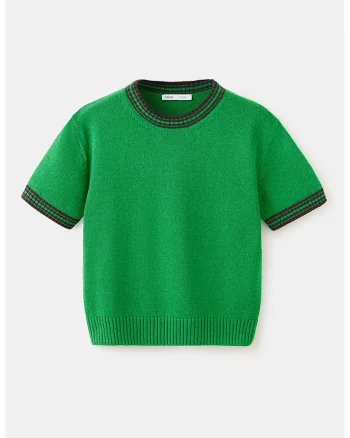 Pulover cu maneci scurte si terminatii striate, Verde