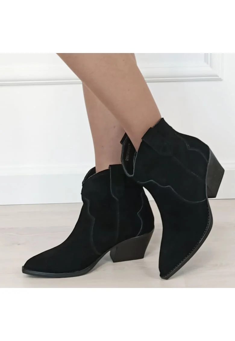 Botine negre din piele naturala cu toc comod 6338 114 18642, Negru