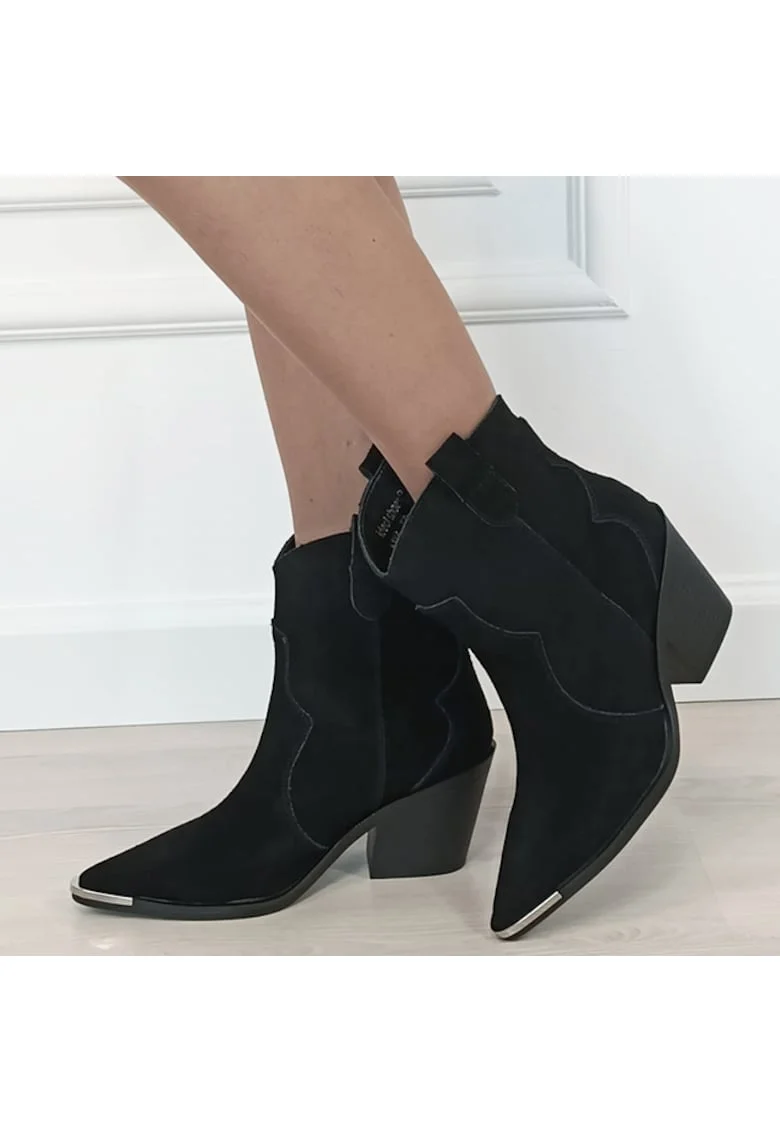 Cizme scurte negre din piele naturala cu toc comod 6397 114 18660, Negru